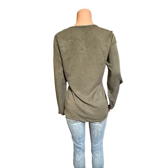 olive green long-sleeve women's blouse with a V-neck and crochet detailing M - Picture 3 of 6